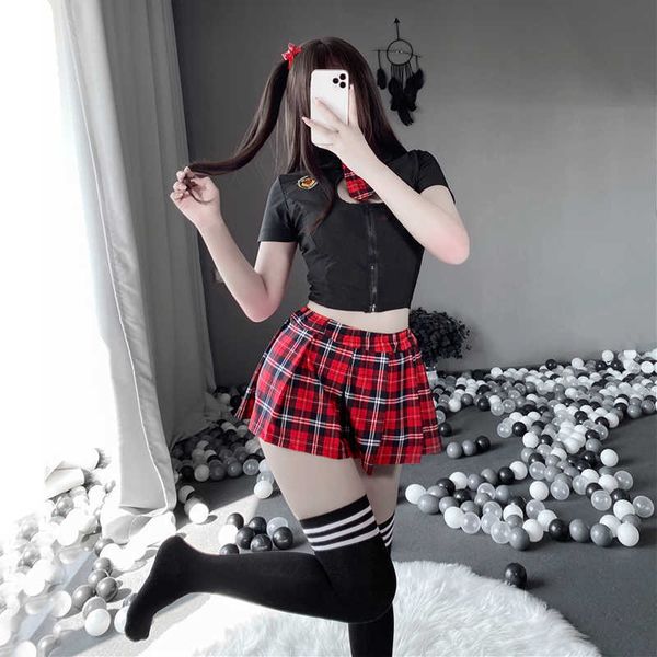 

nxy set tartan patchwork japanese schoolgirl cosplay uniform jk embroidery pleated role playing costume with plaid skirt socks 230426, Red;black