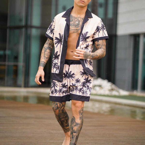 

men's casual shirts men outfit set 2022 summer beach suit men's leisure fashion vacation shirt and shorts men's two piece set, White;black