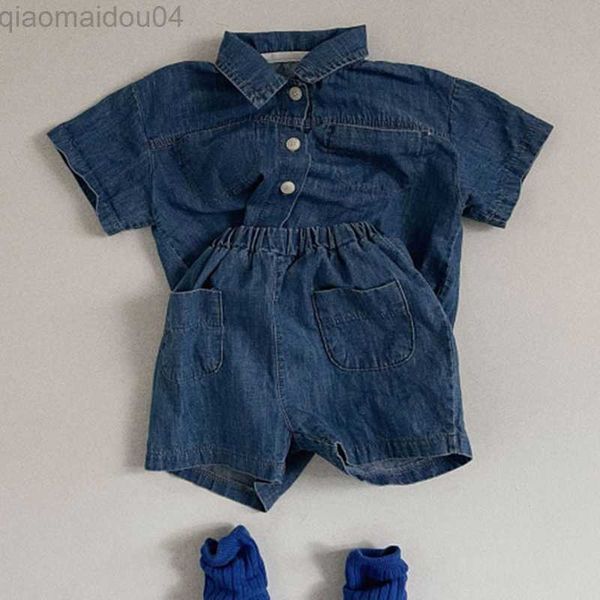 

clothing sets boys and girls short-sleeved senim shirts cardigan children's suits summer baby girl shorts suits fashion two-p aa230504, White