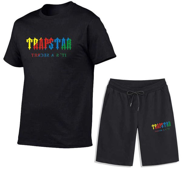 

trendy trapstar letter printing casual sportswear t-shirt set men's and women's t-shirt+shorts two piece set, Black;white
