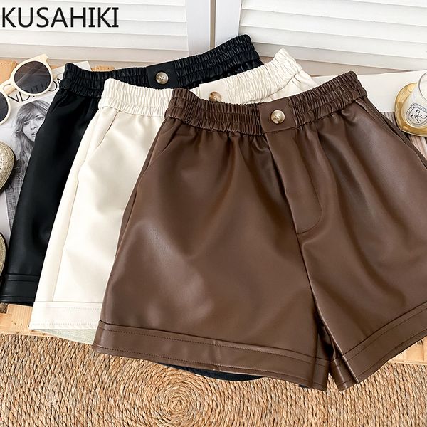 

women's shorts kusahiki pu leather woman shorts korean elastic high waist autumn winter causal wide leg short femme fashion bottoms 230, White;black