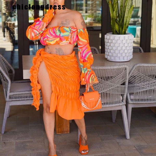 

two piece dress summer beach style set women fashion printed off the shoulder tube fold laceup slit skirt 2 suit 230504, White