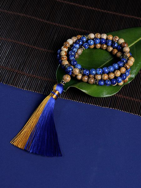 

chokers mala rosary beads stone necklace 8mm blue lapis lazuli beads and picture 108 meditation yoga prayer jewelry 230503, Golden;silver