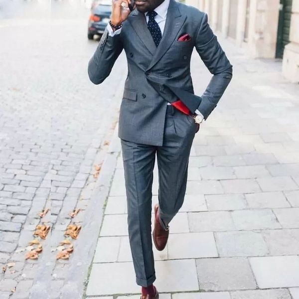 

new dark grey double breasted wedding tuxedos peaked lapel slim fit mens suit costume mariage homme wedding suit 2 piece, Black;gray