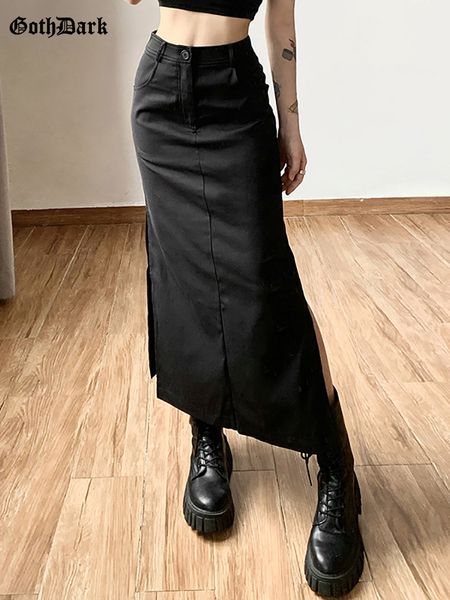 

skirts goth dark grunge casual tag split women midi skirts mall gothic punk high raise slim long skirt y2k fashion streetwear 230504, Black