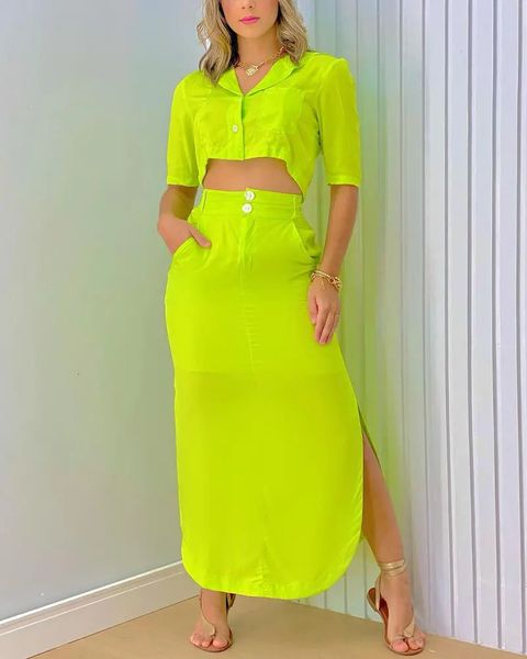 

two piece dress pocket detail buttoned crop split hem skirt set 230504, White