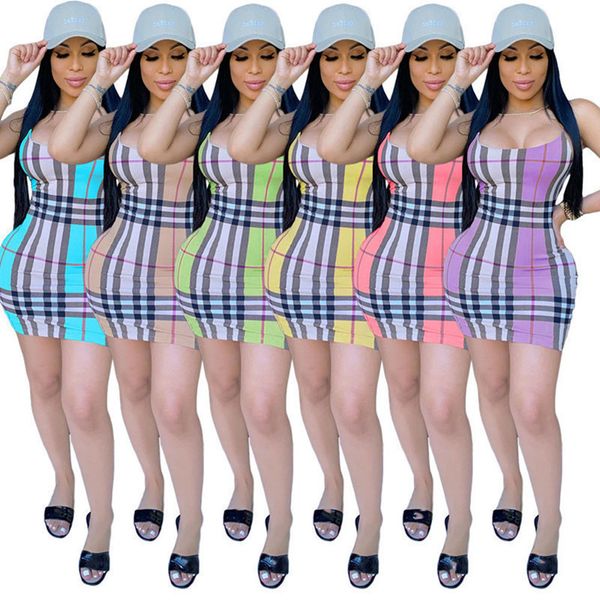 

2023 brand designer women dresses fashion plus size s-3xl clothing sleeveless casual skinny dress summer plaid clothes 4761, Black;gray