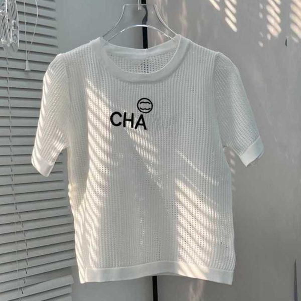 

designer t shirt 2023 summer high edition hollow out plaid simple versatile letter round neck sleeve t-shirt, White