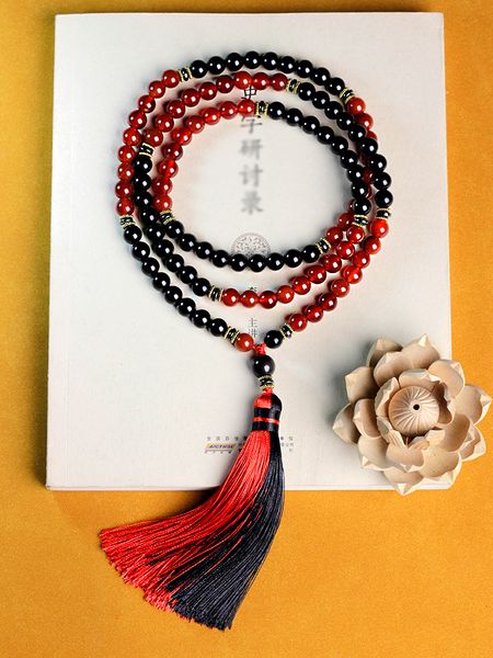 

chokers japamala 108 beads natural stones 8mm black onyx and red agate necklace tassel for women boho mala rosary yoga 230503, Golden;silver