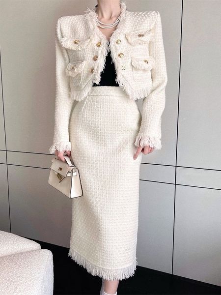 

two piece dress french vintage small fragrance tweed two piece sets women outfits fringed jacket coat long skirt 2 piece suits 230504, White