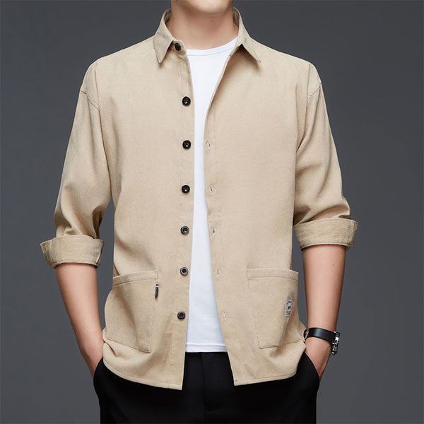 

men's casual shirts stylish solid color lapel button spliced pockets shirt men's clothing autumn oversized casual loose korean sh, White;black