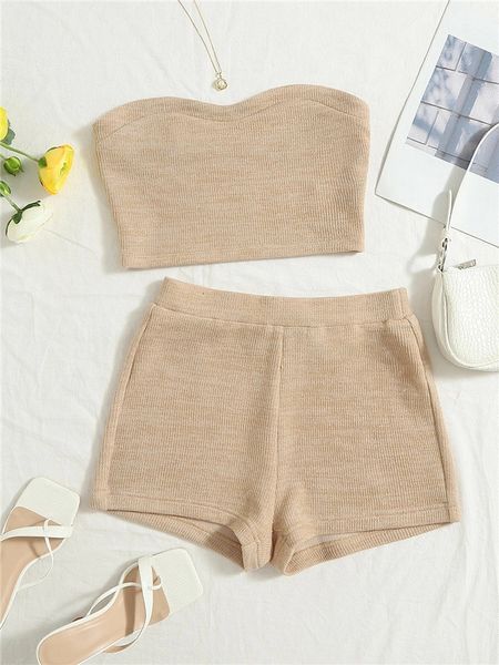 

women's two piece pants 2 piece sets women outfit strapless ribbed knit crop tube and biker shorts set summer solid two piece matching, White