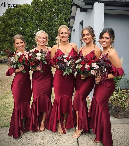 

burgundy trumpet long bridesmaid dresses spaghetti straps simple elegant maid of honor gowns plus size hi-lo rustic country wedding guest pa, White;pink
