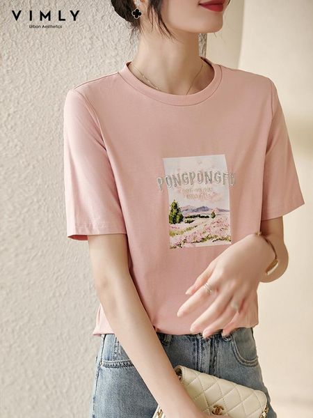 

t-shirt vimly summer tshirt for women 2022 straight casual oneck cotton short sleeve scenery pattern korean female clothing v2900, White