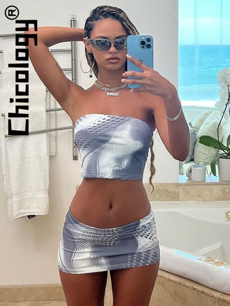 

two piece dress chicology women printed strapless crop mini skirts 2 skirt sets party streetwear vacation summer outfits 230504, White