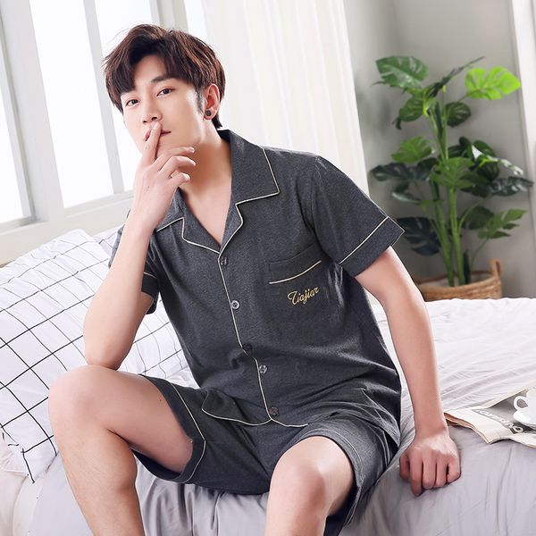 

men's sleepwear plus szie men's pajama set summer comfortable men sleepwear short sleeve cotton pajamas men elastic waist pant lei, Black;brown