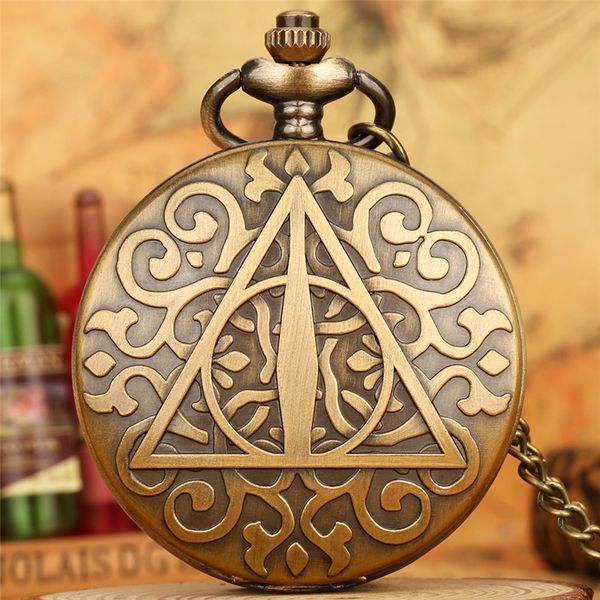 

retro engraved triangle cover watches men's quartz pocket watch arabic number clock necklace pendant chain, Slivery;golden