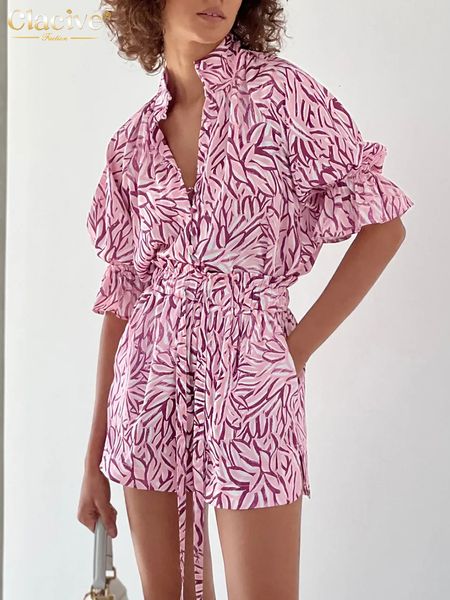 

womens two piece pants clacive casual loose print 2 sets women outfit summer stand collar short sleeve shirts matching high waist shorts set, White