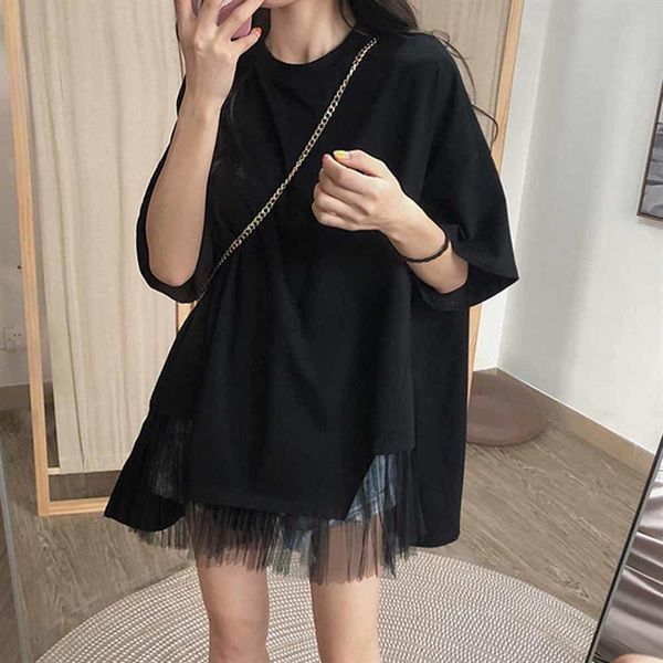 

t-shirt 4xl summer for women 2022 tshirts cotton wide sleeved solid color white black splicing tulle party