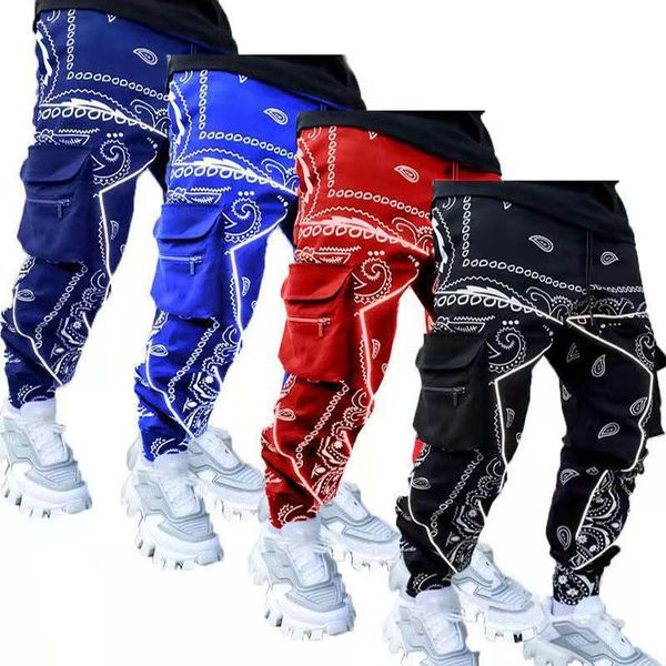 

pants hip hop pants men loose joggers pants with print harem pants length trousers cargo pants sport casual with reflective strips, Black