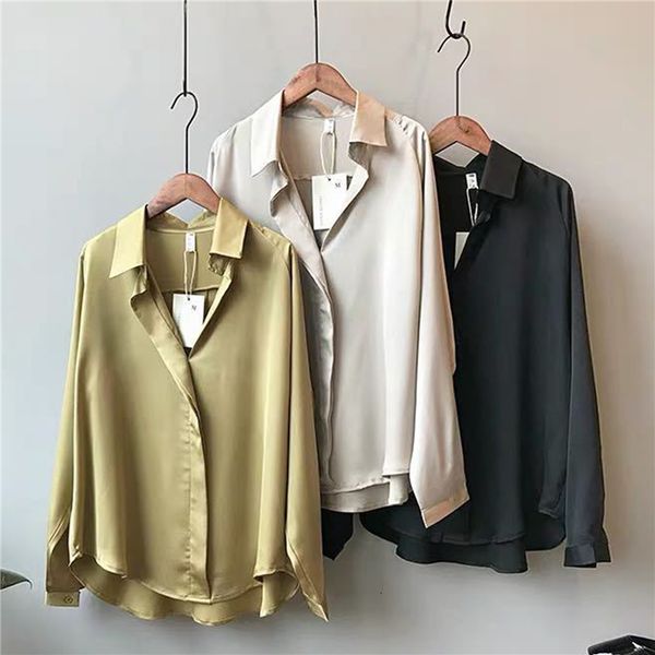 

women's blouses shirts summer autumn casual women fashion long sleeves vintage femme v neck elegant silk 230503, White