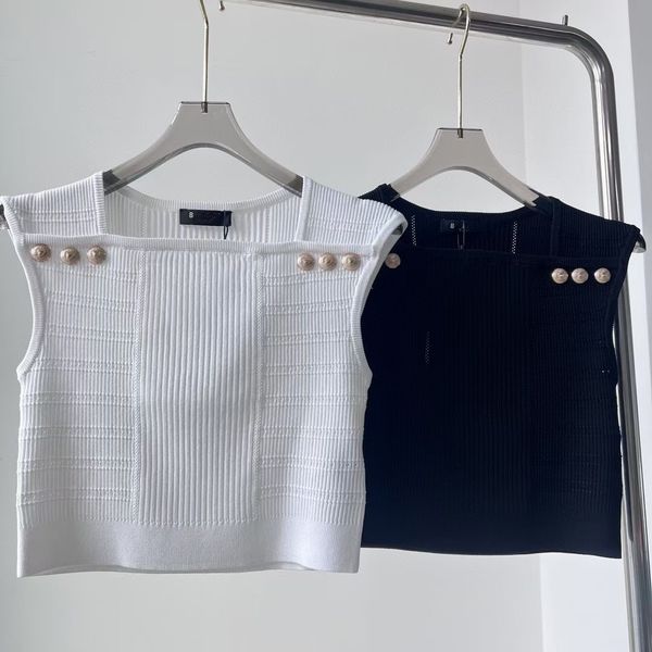 

women's tanks & camis luxury 2023 summer sleeveless square collar metal buttons embroidered beads slim stretch knitted tank women vest, White