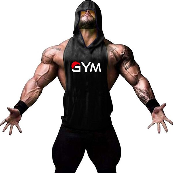 

mens tank gym print men fitness hooded tankgym sleeveless bodybuilding tee shirt fashion stringer male workout vest sportswear 230504, White;black