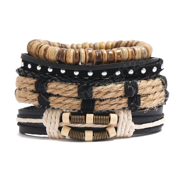 

4pcs/set braided wrap leather bracelets for men vintage coconut shell charm bracelet wood beads ethnic tribal wristbands jewelry, Golden;silver
