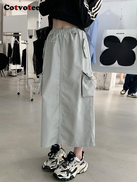 

skirts yitimuceng cargo long for women vintage streetwear drawstring split high waist loose mid calf y2k skirt 230503, Black