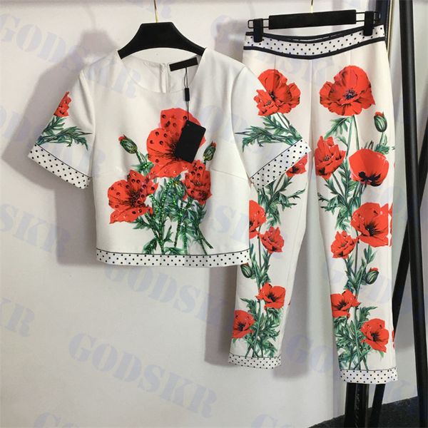 

flower printed t shirt high waisted pants two piece sequin short sleeved t shirt new womens sports set, White