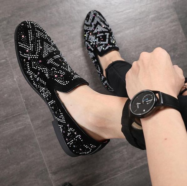 

rhinestone brand men's casual loafers genuine leather slip-on dress shoes handmade men flats brand wedding party shoes size 38-48, Black