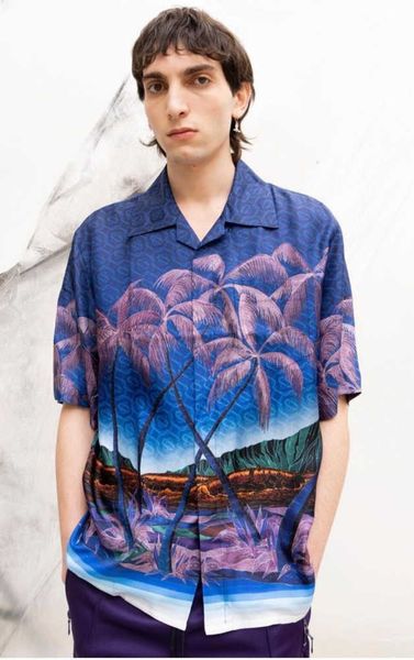 

new casabranca designer shirt silk casual sunset palm print hawaii beach short sleeve shirt, White;black