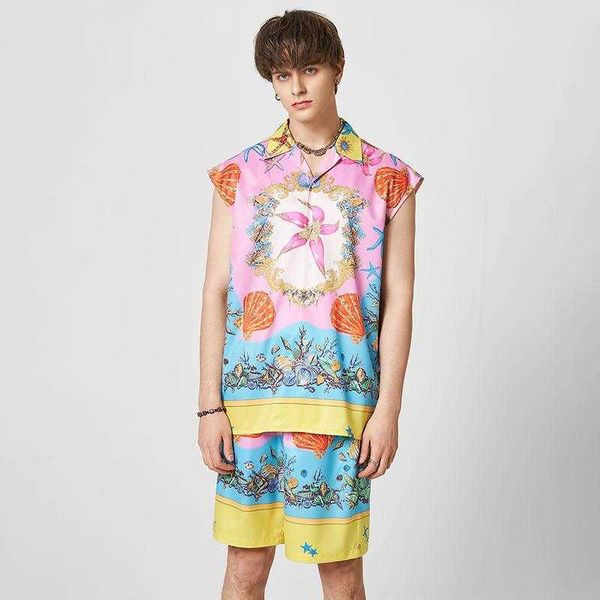 

men's casual shirts 2023 men sets printing vacation loose lapel sleeveless shirt shorts 2pcs summer streetwear casual men haiian suits, White;black