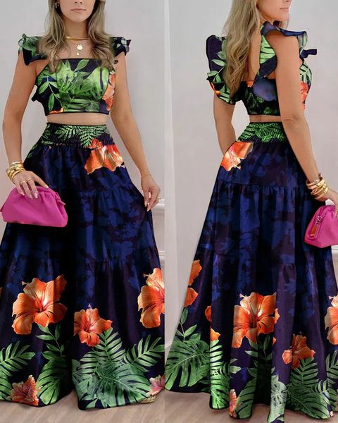 

two piece dress tropical print shirred crop skirt set 230504, White