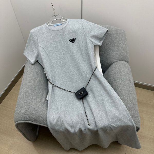 

sashes womens casual dresses long dress pure cotton short sleeves summer t shirts letter triangle with waist bag belt sml, Black;gray