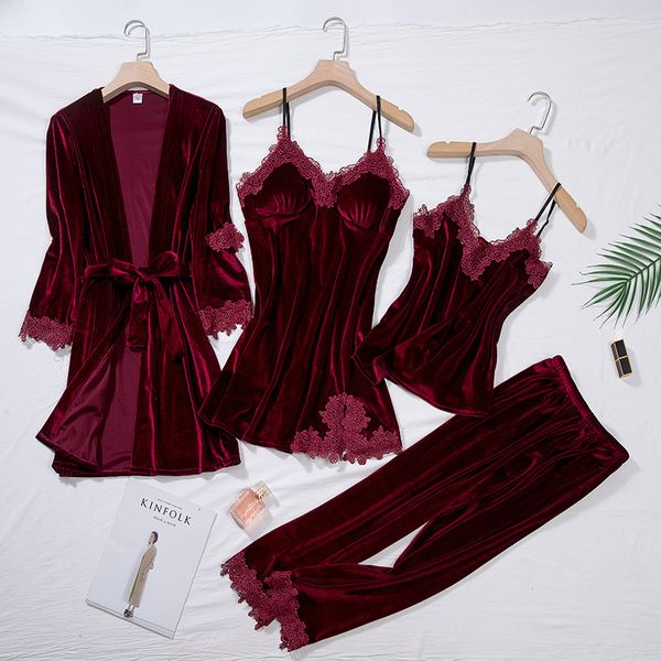 

women's sleepwear burgundy velour pajama suit women 4pcs kimono robe nightgown set sleepwear lady winter velvet warm lace folwer bathro, Black;red