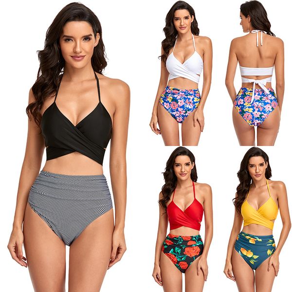 

two-pieces bikinis set for women solid color halter adjustable lace-up swimming bra high-waist pleated briefs girls split swimwear for 2023, White;black