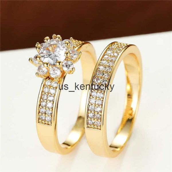 

band rings girl luxury crystal double rings charm gold color engagement ring sets shining white zircon wedding ring set for women, Silver