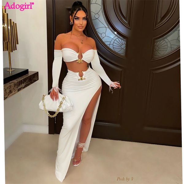 

two piece dress adogirl feathers set party women metal ring strapless off shoulder long sleeve crop high split maxi skirt 230504, White