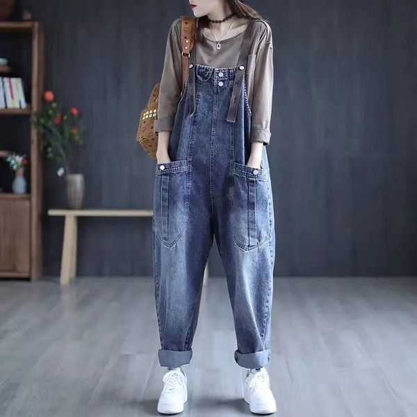 

women's jumpsuits rompers jumpsuit women's jeans rompers retro big pocket loose denim overalls casual fashion large size wide-leg, Black;white