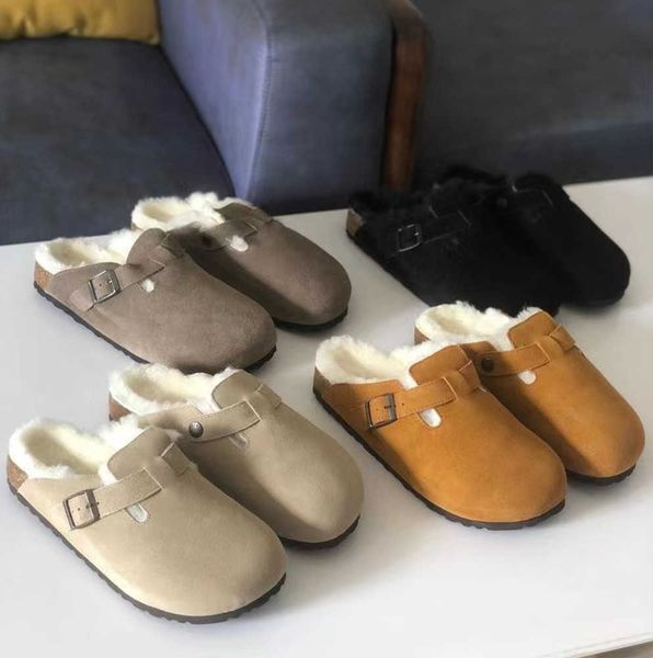 

sandals boston shearling fur mule slipper designer clogs suede leathe slippers wook fur cork flat slides fashion clog arizona mayari men wom, Black