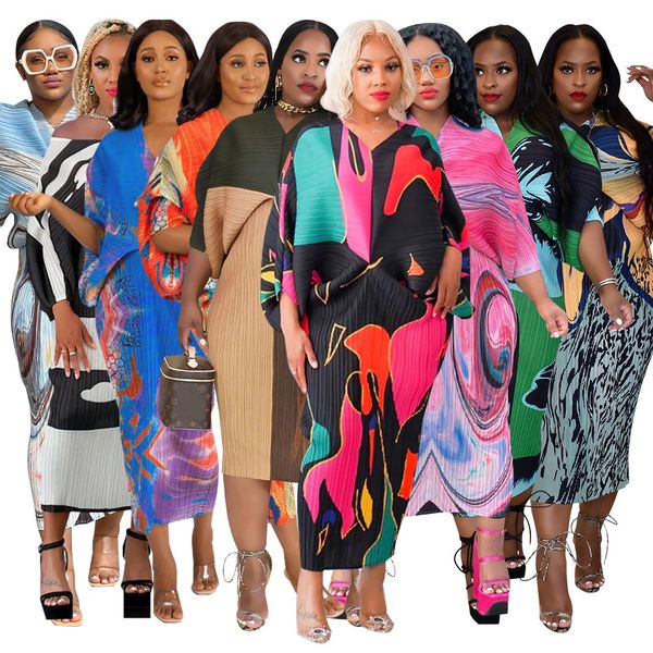 

2023 designer v-neck striped printing dresses summer y2k new batwing sleeve pleated mid length dress vintage streetwear women outifits whole, Black;gray