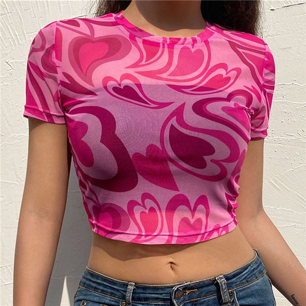

camisoles tanks t shirt vrouwen zomer roze hart gedrukt esthetiek see through mesh koreaanse korte mouw voor zoete kawaii meisjes crop 23050, Black;white