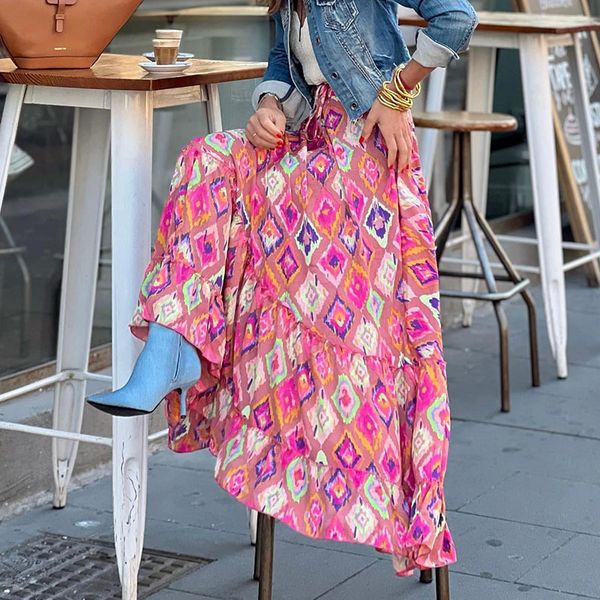 

skirts summer casual button high waist split skirt fashion lady hip wrap pleated beach bohemian vintage floral print hem 230428, Black