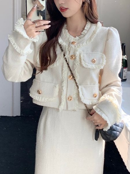 

two piece dress spring casual tow piece sets women white short tweed jacket fashion korean long skirt female elegant chic slim sweet suit 23