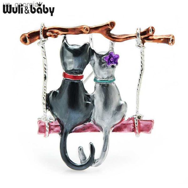 

pins brooches wuli baby couple cats brooches for women enamel cartoon swinging cat animal party casul brooch pins, Gray
