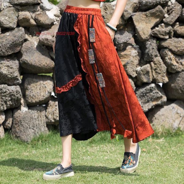 

Ethnic Clothing 2023 Chinese Traditional Vintage Skirt National Jacquard Retro Oriental Folk Dance Elegant Satin Long