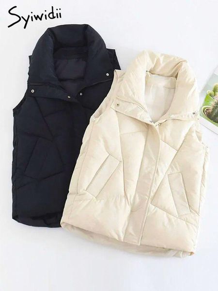 

vests syiwidii fall winter 2022 puffer vest for women sleeveless jacket ladies button zipper turtleneck turn down collar warm coats, Black;white
