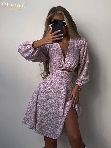 

casual dresses clacive bodycon vneck print womens long sleeve hollow out mini vintage slim high waist party female 230504, Black;gray