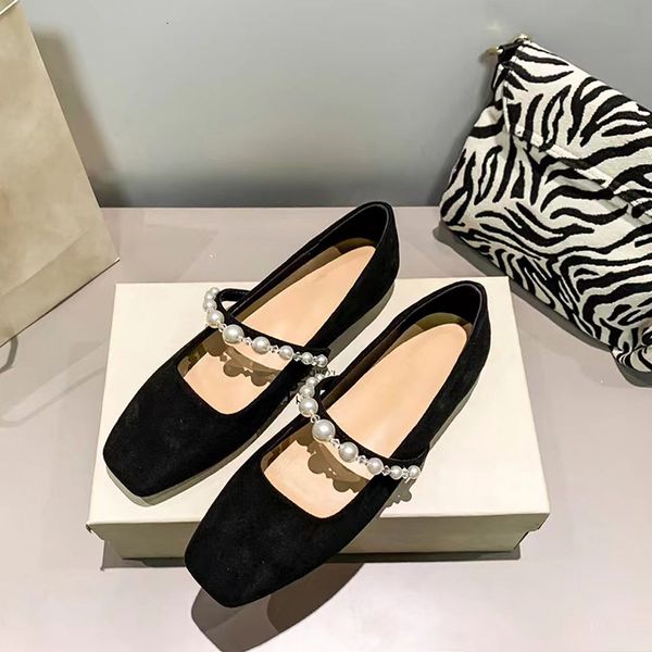 

dress shoes square toe pearl one word with mary jane womens suede shallow mouth comfortable flat 230503, Black